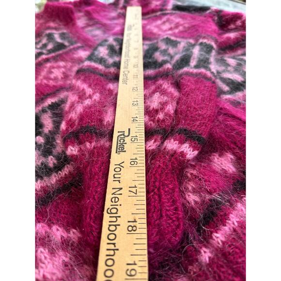 Vintage mohair-blend cardigan Fair Isle magenta black open front hand knitted - Picture 7 of 11